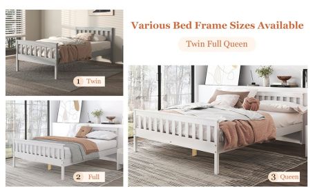 Twin Bed Frames with Headboard, Solid Wooden Platform Bed with Corner, Modern Low Profile Bed Frame, No Box Spring Needed, White