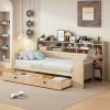 Wooden Twin Size Daybed with Storage Shelves, Multi-functional Bed with Two Storage Drawers and Study Desk, Natural