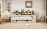Wooden Twin Size Daybed with Storage Shelves, Multi-functional Bed with Two Storage Drawers and Study Desk, Natural