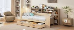 Wooden Twin Size Daybed with Storage Shelves, Multi-functional Bed with Two Storage Drawers and Study Desk, Natural
