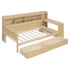 Wooden Twin Size Daybed with Storage Shelves, Multi-functional Bed with Two Storage Drawers and Study Desk, Natural