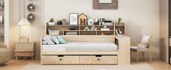 Wooden Twin Size Daybed with Storage Shelves, Multi-functional Bed with Two Storage Drawers and Study Desk, Natural