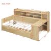 Wooden Twin Size Daybed with Storage Shelves, Multi-functional Bed with Two Storage Drawers and Study Desk, Natural