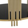 Modern Black Mirror Coffee Table, Asymmetrical Metal, Circular Metal Drum Base, Gold Finish & Lower Shelf