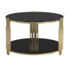 Modern Black Mirror Coffee Table, Asymmetrical Metal, Circular Metal Drum Base, Gold Finish & Lower Shelf