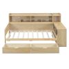 Wooden Twin Size Daybed with Storage Shelves, Multi-functional Bed with Two Storage Drawers and Study Desk, Natural