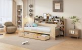 Wooden Twin Size Daybed with Storage Shelves, Multi-functional Bed with Two Storage Drawers and Study Desk, Natural