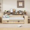 Wooden Twin Size Daybed with Storage Shelves, Multi-functional Bed with Two Storage Drawers and Study Desk, Natural