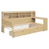 Wooden Twin Size Daybed with Storage Shelves, Multi-functional Bed with Two Storage Drawers and Study Desk, Natural