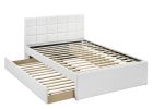 Twin Size Bed w/ Trundle Slats White Faux Leather Upholstered Plywood Kids Youth Bedroom Furniture Wooden Slats 1pc Bed