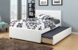 Twin Size Bed w/ Trundle Slats White Faux Leather Upholstered Plywood Kids Youth Bedroom Furniture Wooden Slats 1pc Bed