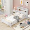 Wood Twin Size Platform Bed with Built-in LED Light, Storage Headboard and Guardrail