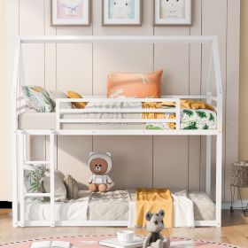 Twin over Twin House Bunk Bed with Built-in Ladder (Color: White)