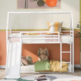 Twin over Twin House Bunk Bed with Ladder and Slide (Color: White)
