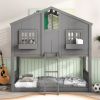 Twin over Twin House Bunk Bed with Roof , Window, Window Box, Door , with Safety Guardrails and Ladder