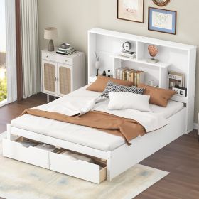 Queen Size Platform Bed with Storage Headboard and 2 Drawers (Color: White)