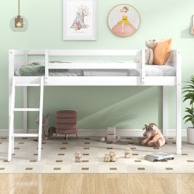Twin Size Wood Low Loft Bed with Ladder, ladder can be placed on the left or right (Color: White)