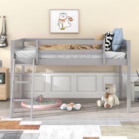 Twin Size Wood Low Loft Bed with Ladder, ladder can be placed on the left or right (Color: Gray)