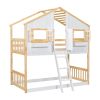 Twin over Twin House Bunk Bed with Roof , Window, Window Box, Door , with Safety Guardrails and Ladder