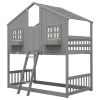 Twin over Twin House Bunk Bed with Roof , Window, Window Box, Door , with Safety Guardrails and Ladder