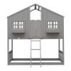 Twin over Twin House Bunk Bed with Roof , Window, Window Box, Door , with Safety Guardrails and Ladder