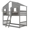 Twin over Twin House Bunk Bed with Roof , Window, Window Box, Door , with Safety Guardrails and Ladder