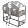 Twin over Twin House Bunk Bed with Roof , Window, Window Box, Door , with Safety Guardrails and Ladder