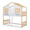 Twin over Twin House Bunk Bed with Roof , Window, Window Box, Door , with Safety Guardrails and Ladder