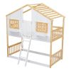 Twin over Twin House Bunk Bed with Roof , Window, Window Box, Door , with Safety Guardrails and Ladder