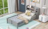 Wood Twin Size Platform Bed with Built-in LED Light, Storage Headboard and Guardrail